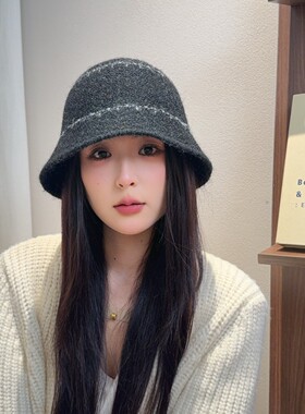 撞色条纹边时尚渔夫帽女冬季优雅百搭盆帽显脸小简约保暖水桶帽潮