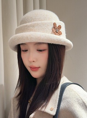 秋冬保暖花朵毛呢女士盆帽