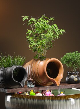古法养鱼缸流水配件创意循环流水陶罐生态缸庭院造景室内增氧摆件