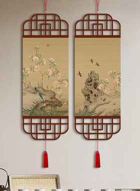 中式植物花卉风景竹编挂画玄关装饰画竹帘挂画茶室客厅书房竹帘画