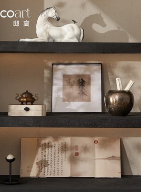 民宿氛围布置茶空间侘寂风软装z置物架茶架边柜摆件装饰画陶罐搭