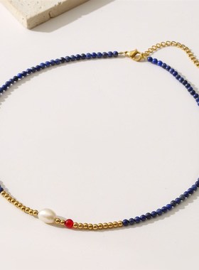 小众设计圆珠青金石极细珍珠项链女淡水真珍珠简约时尚百搭串珠女