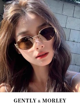 港风墨镜女款级感2024新款金属小脸椭圆形P复古小框茶色太阳眼镜