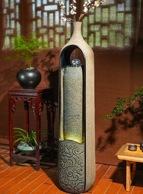 室内玄关落地装饰流水生财摆件循环水电J视柜旁茶室落地中式造景