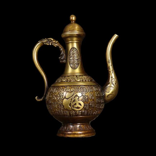 Antique literary play pure copper relief Baifu high wine pot tea kettle household desktop ornaments retro collection old objects