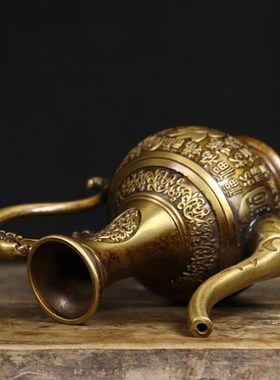 古董文玩纯铜浮雕百福高酒壶茶水壶家用桌面摆件复古收藏老物件