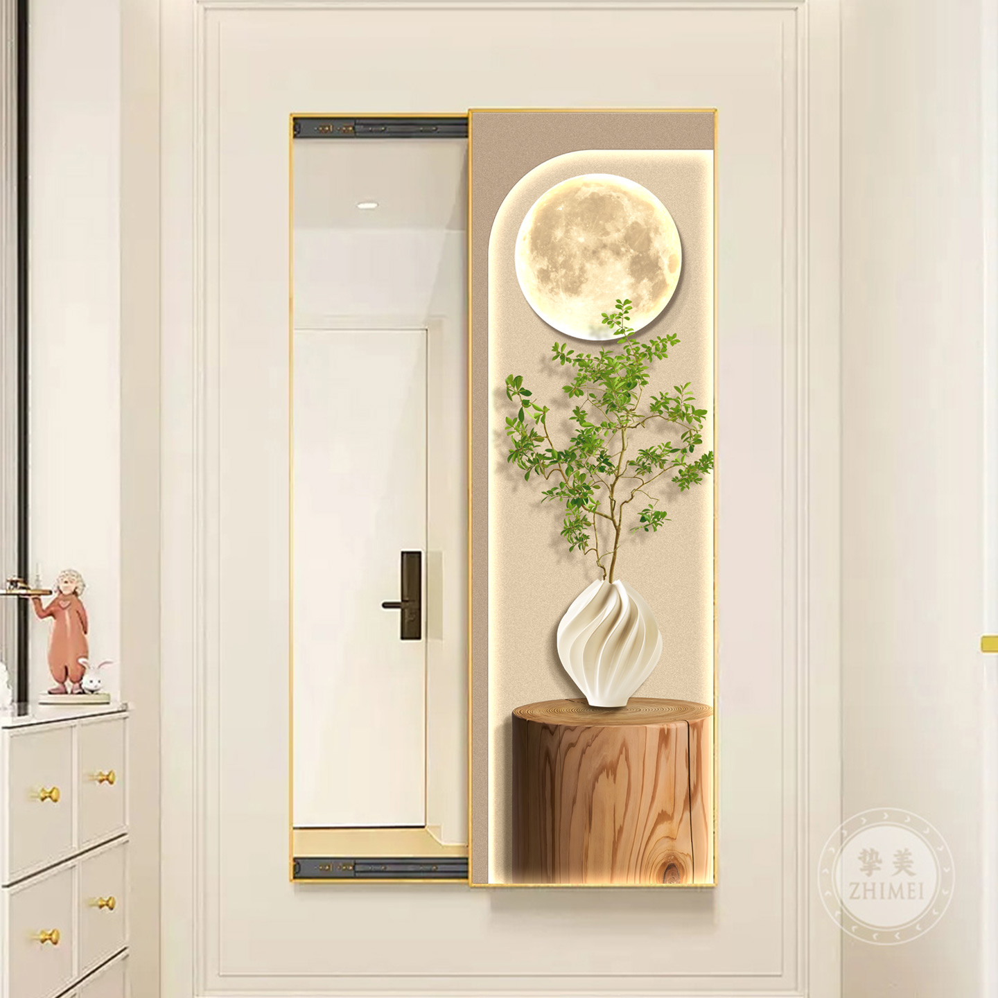 绿植暗藏式全身镜装饰画推拉隐形穿衣镜奶油风入户玄关走道墙挂画 - 图1