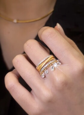 气质珠帘三环拉丝镶钻流苏戒指