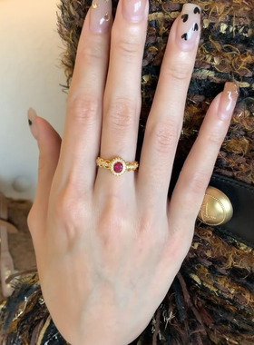 vintage中古风蕾丝红宝石戒指女