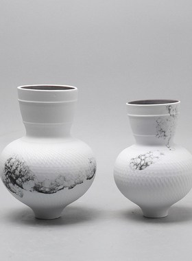 现代新中式创意陶瓷花瓶摆件水墨禅意茶室桌面插花花器工艺品摆设