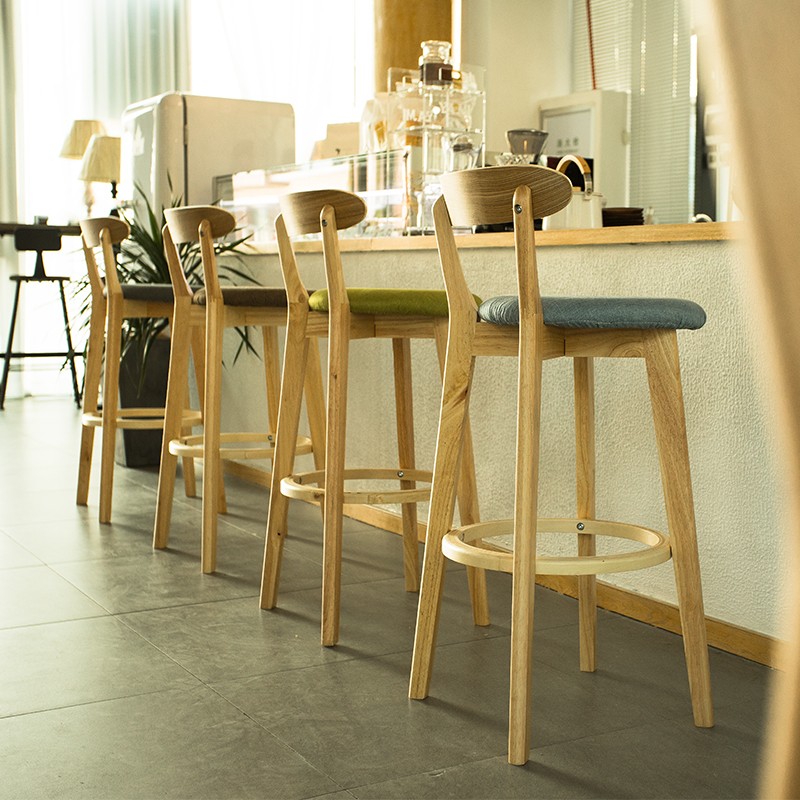 实木靠背吧台椅现代简约高脚凳吧台凳奶茶店前台家用北欧酒吧椅子 - 图1