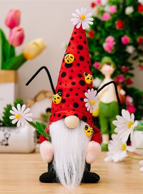 春天无脸老人瓢虫无脸娃娃坐姿公仔创意无脸老人节日礼Z品摆件