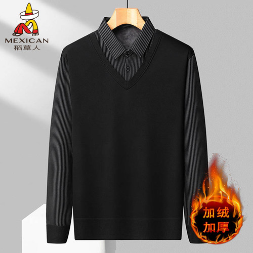 稻草人假两件毛衣男士秋冬季新款中年爸爸装打底衫加绒针织上衣J - 图1