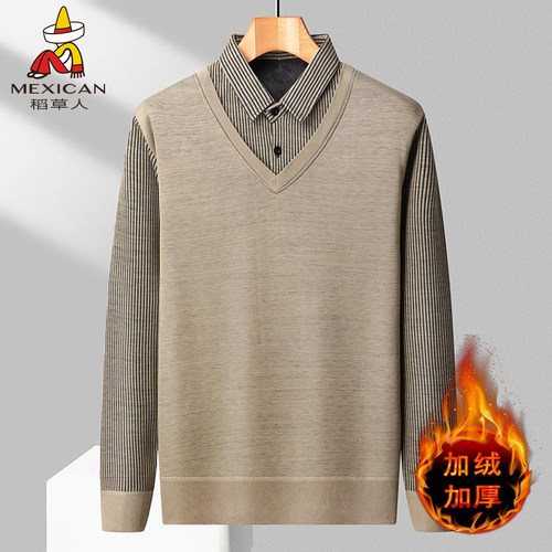 稻草人假两件毛衣男士秋冬季新款中年爸爸装打底衫加绒针织上衣J - 图3