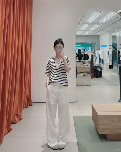 正品2025夏新品轻薄亚麻中低腰及地直筒阔腿休闲裤MBE2PAT002 - 图0