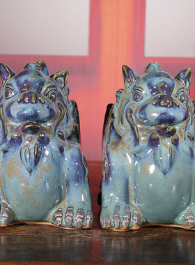 钧瓷一对貔貅摆件陶瓷天禄貔貅招财家居玄关装饰品礼盒装开业送礼