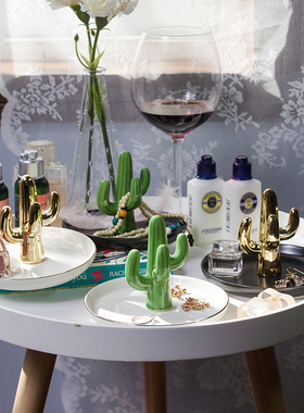 出口北欧风格金色绿色仙人掌首饰戒指托盘/桌面收纳摆件 玄关装饰