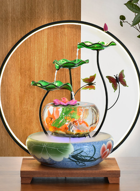 创意摆件鱼缸客厅玄关落地电视柜旁流水生财喷泉桌面加湿开业礼品