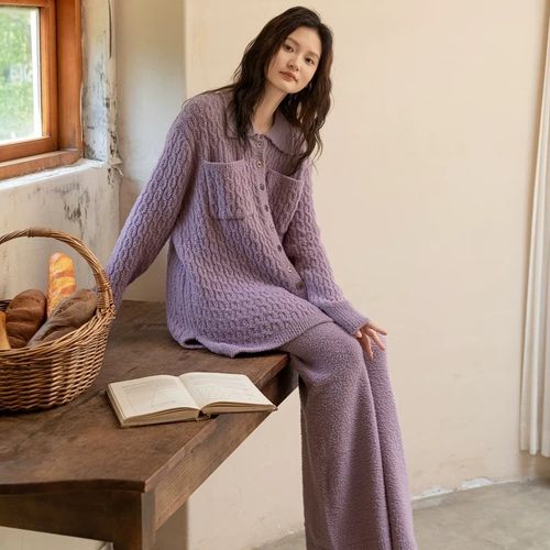 秋冬新款三件套睡衣女半边绒紫色加厚加绒珊瑚绒可外穿软绵绵套装 - 图2