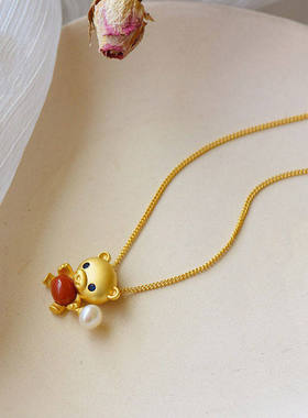 镀S925银沙金项链超可爱小熊仿南红珍珠挂坠女项坠吊坠情侣套装
