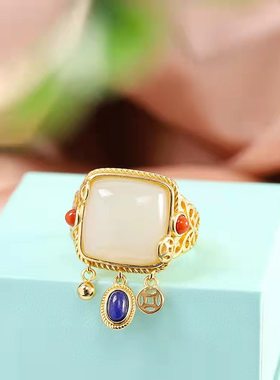 古风流苏方形白玉戒指女民族风镀金镶嵌玉石开口指环个性百搭方戒