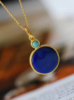 和田玉圆形无事牌镶嵌青金石圆牌吊坠简约民族风饰品个性小众宫廷