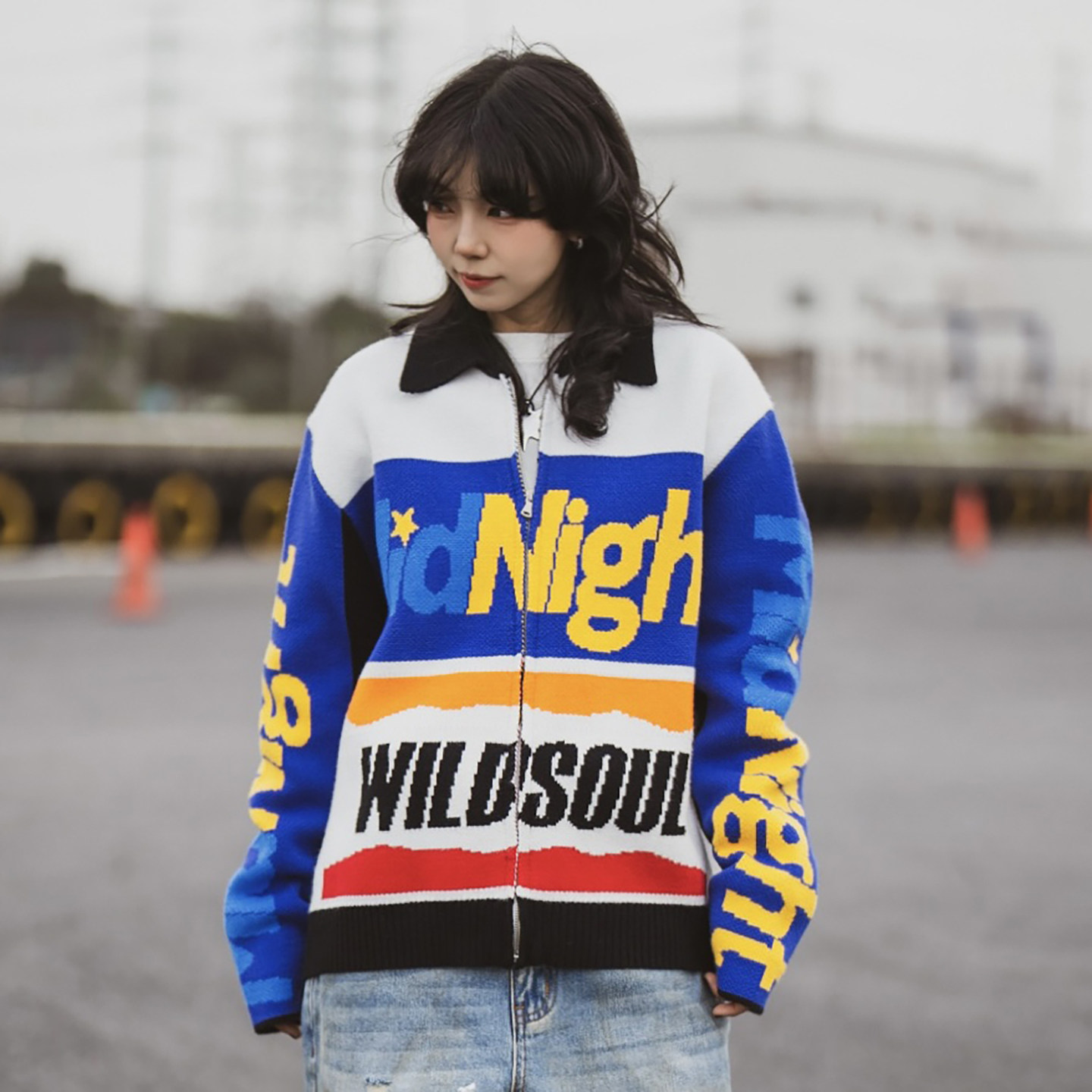 wildsoul-MIDNIGHT湾岸风赛车抗静电拉链翻领宽松毛衣外套 - 图1