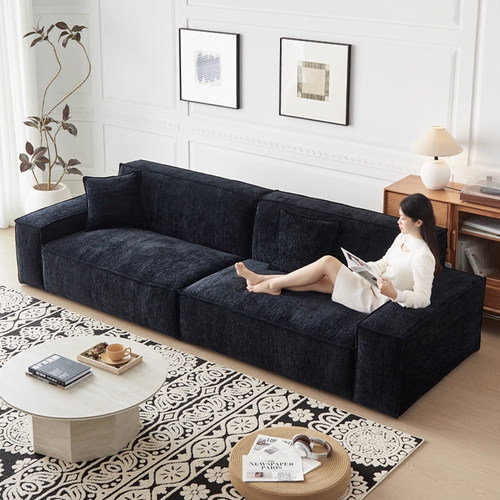 现代简约豆腐块沙发意式极简客户小户型雪尼尔布艺直排贵妃位沙发 - 图1