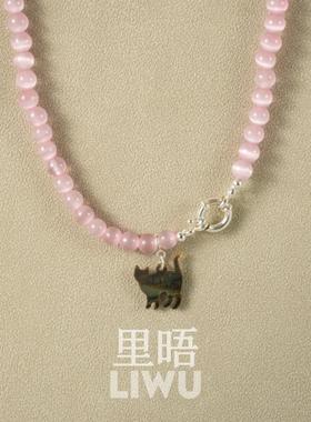 里晤s925银粉色猫眼石彩贝猫咪吊坠项链送女友送闺蜜新年圣诞礼物