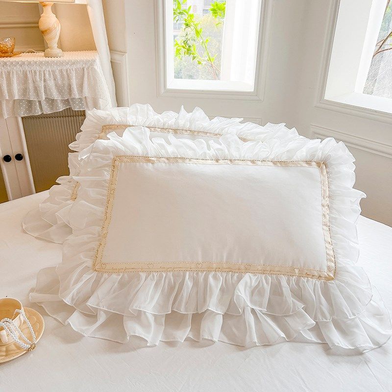 公主风全棉双人长枕套纯棉双层雪纺花边单人家用成人枕头套一对装,淘宝优惠券,粉丝福利购,淘宝优惠卷