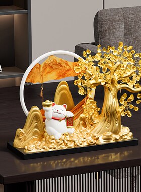 新中式招财猫发财树流沙画摆件送礼店铺前台客厅装饰开业乔迁礼物