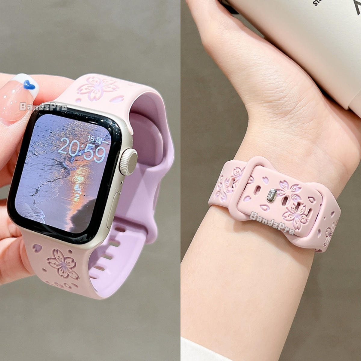 适用iwatchS11樱花雕刻表带苹果手表S10液态硅胶applewatchS9/8透气柔软亲肤SE腕带女可爱ultra小众创意夏天 - 图3