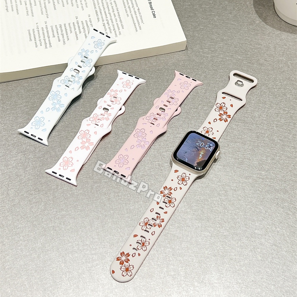 适用iwatchS11樱花雕刻表带苹果手表S10液态硅胶applewatchS9/8透气柔软亲肤SE腕带女可爱ultra小众创意夏天 - 图1