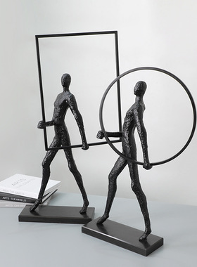 中式样板房间软h装饰品雕塑人物铁艺摆设复古风客厅玄关电视柜摆