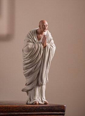 禅意紫砂小和尚摆件中式家居客厅玄关陶瓷人物小沙弥桌面装饰摆设