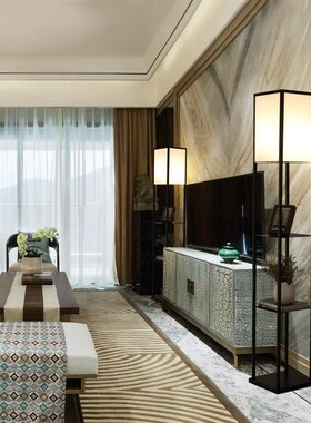 新中式落地灯复古客厅卧室床头灯茶室书房多功能置物架氛围钓鱼灯