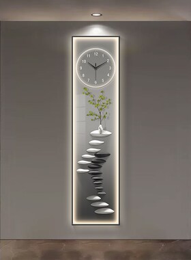 现代轻奢绿植玄关装饰画钟表挂钟客厅走廊K长条挂画发光灯画带时