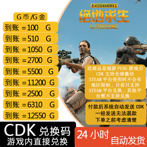 PUBGG币绝地求生物资箱代币G币官方充值CDKpubggb吃鸡steam平台 - 图0