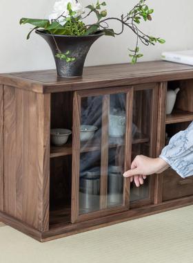 九间房新中式榻榻米茶事柜橱柜北美黑胡桃木收纳柜实木落地茶边柜