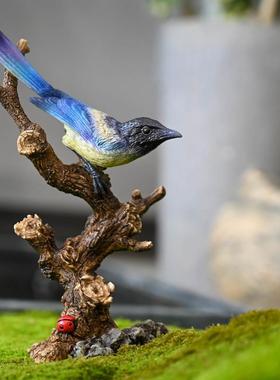 创意可爱小鸟摆件花园盆景假山造景摆设彷真翠鸟叶莺鸟树脂装饰品