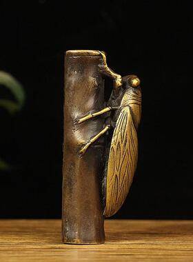 纯铜蝉摆件一鸣惊人铜知了镇纸动物压纸书房装饰品复古铜器工艺品