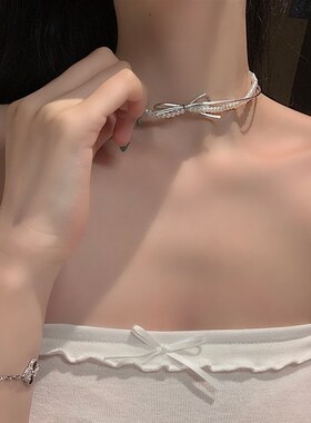 极速黑色珍珠双层皮绳项链t女款蝴蝶结甜酷辣妹小众项圈锁骨链cho
