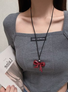 极速安可拉红蝴蝶结项链女挂脖可爱秋冬卫衣链小众V百搭长款毛衣