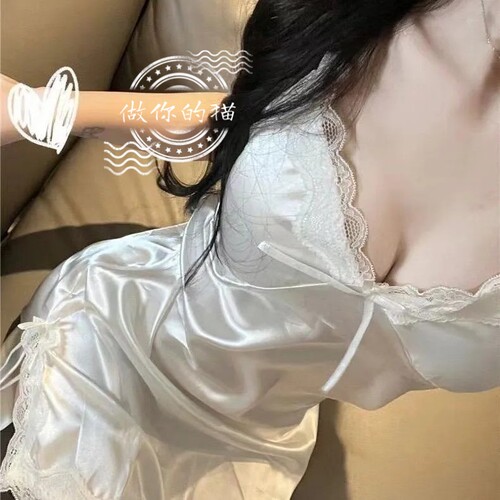 性感睡衣夏季吊带真丝睡衣性感蕾丝V领吊带冰丝睡裙丝绸家居服 - 图3