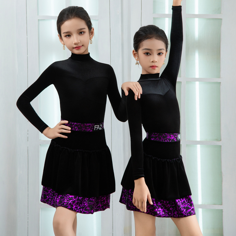 FAZ秋冬少儿高级网红舞蹈裙练习服表演服分体儿童拉丁舞服练功服 - 图2