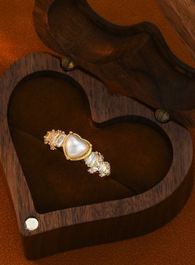 韩国时尚设计感个性开口戒指女2024年新款爱心指环精致珍珠食指戒