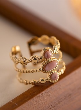 法式复古饰品戒指天然红纹石可调节戒指不锈钢轻奢不掉色开口戒指