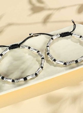 新品999银竹节串珠情侣手链女小众个性风潮手工编织手绳手串