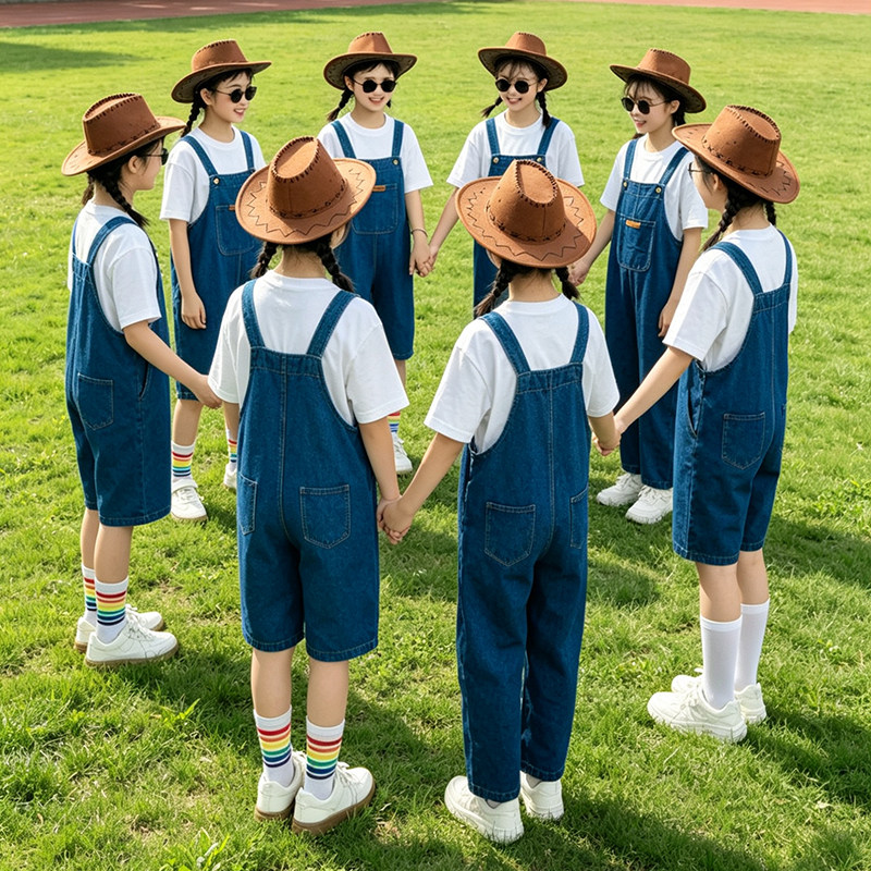 儿童牛仔很忙演出服六一小学生幼儿园西部牛仔背带裤套装表演服装