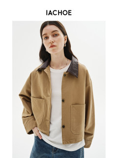 Iachoe bath style 25 autumn lapel leather short loose straight khaki short coat distressed cotton jacket